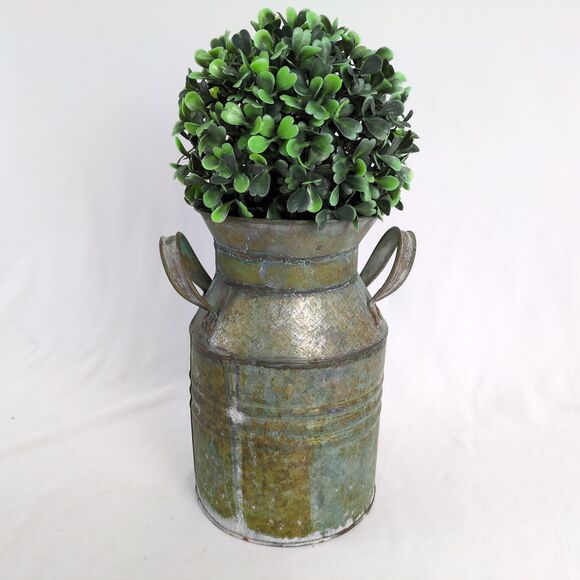 Rustic Farmhouse 8" Galvanized Tin Milk Jug Vase Canister Can with Greenery Ball - Picture 2 of 5